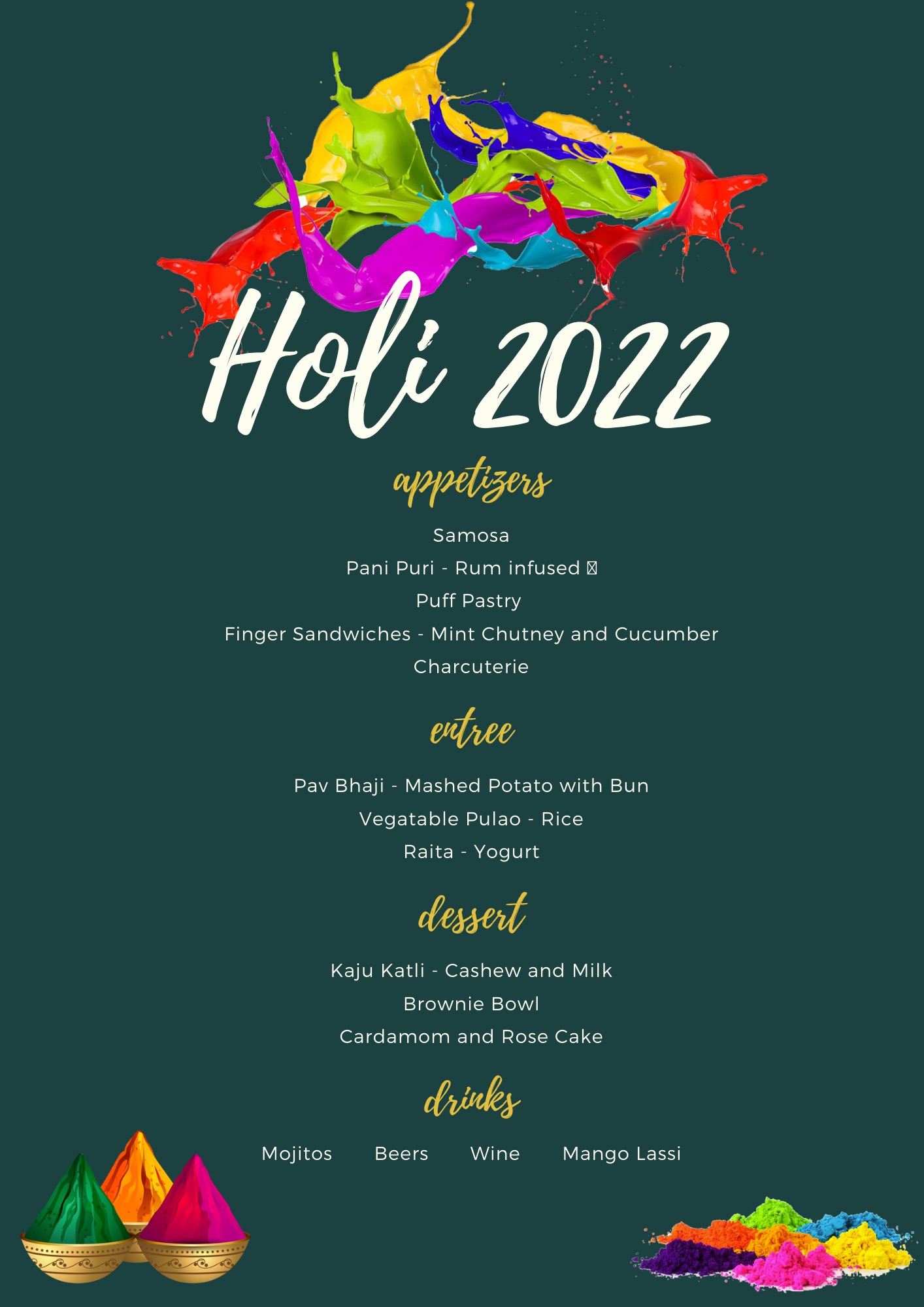 Menu for Holi Party 2022